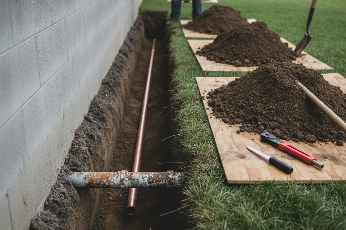 Excavated water line trench during Water Heater Repair in Branford